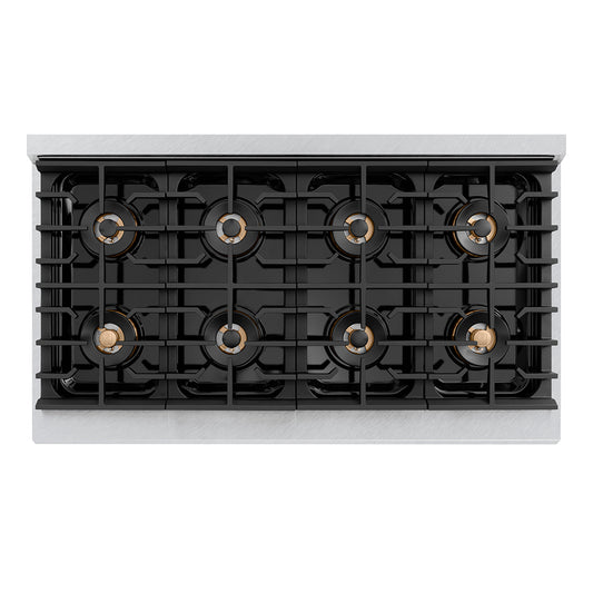 ZLINE Autograph Edition 48 in. 6.7 cu. ft. Paramount Gas Range with 8 Burner DuoPro™ Cooktop and Dual Ovens in Satin Stainless Steel with White Matte Doors and Polished Gold Accents (PSGRSZ-WM-48-G) top-down, above cooktop.
