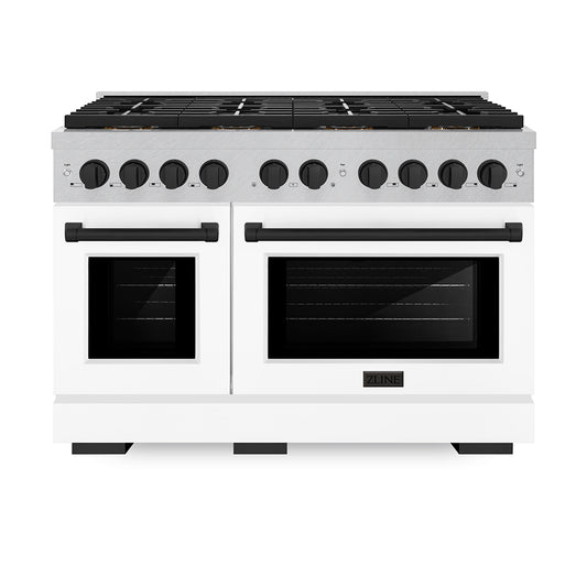 ZLINE Autograph Edition 48 in. 6.7 cu. ft. Paramount Gas Range with 8 Burner DuoPro™ Cooktop and Dual Ovens in Satin Stainless Steel with White Matte Doors and Matte Black Accents (PSGRSZ-WM-48-MB) front.