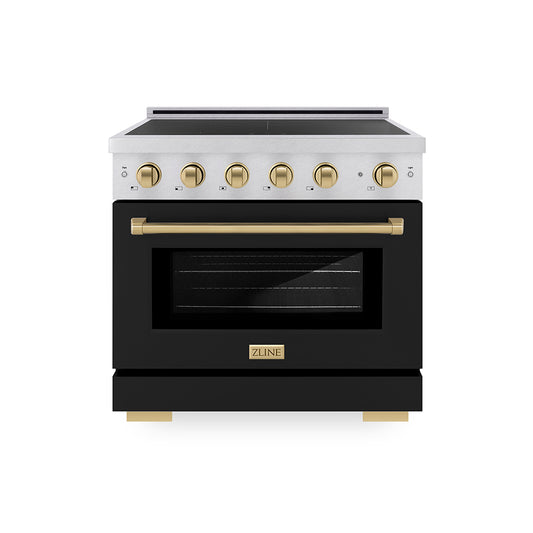 ZLINE Autograph Edition 36 in. 5.2 cu. ft. Paramount Induction Range with 5 Element Cooktop and Electric Convection Oven in Satin Stainless Steel with Black Matte Door and Champagne Bronze Accents (SINRSZ-BLM36-CB)