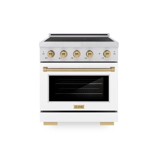 ZLINE Autograph Edition 30 in. 4.2 cu. ft. Paramount Induction Range with 4 Element Cooktop and Electric Convection Oven in Satin Stainless Steel with White Matte Door and Champagne Bronze Accents (SINRSZ-WM-30-CB)