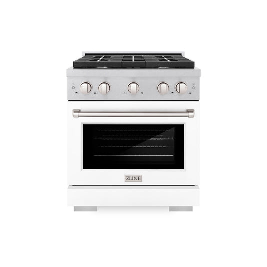 ZLINE 30 in. 4.2 cu. ft. Paramount Gas Range with 4 Burner Cooktop and Convection Gas Oven in Satin Stainless Steel with White Matte Door (SGRS-WM-30) front.