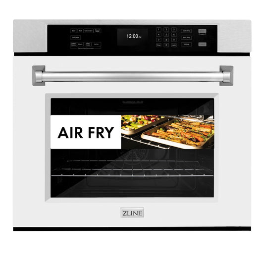 ZLINE 30 in. Professional True Convection Single Wall Oven with Air Fry and Self Clean in Satin Stainless Steel with White Matte Door (WASS-WM-30) front, with air fry food.