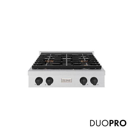 ZLINE Autograph Edition 30 in. Paramount Gas Rangetop with 4 Burner DuoPro™ Cooktop in Satin Stainless Steel and Matte Black Accents (PSRTSZ-30-MB)