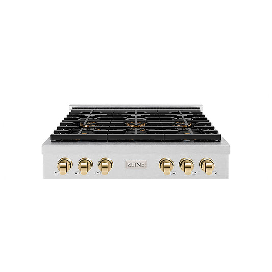 ZLINE Autograph Edition 36 in. Paramount Gas Rangetop with 6 Burner DuoPro™ Cooktop in Satin Stainless Steel and Polished Gold Accents (PSRTSZ-36-G) front.