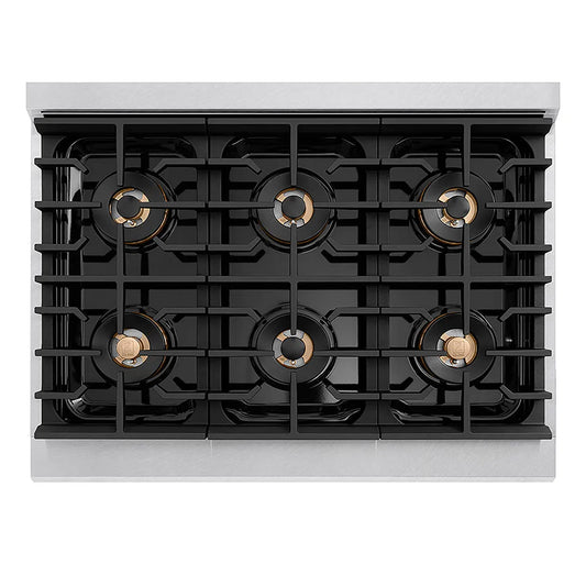 ZLINE Autograph Edition 36 in. Paramount Gas Rangetop with 6 Burner DuoPro™ Cooktop in Satin Stainless Steel and Polished Gold Accents (PSRTSZ-36-G) top-down, above cooktop.