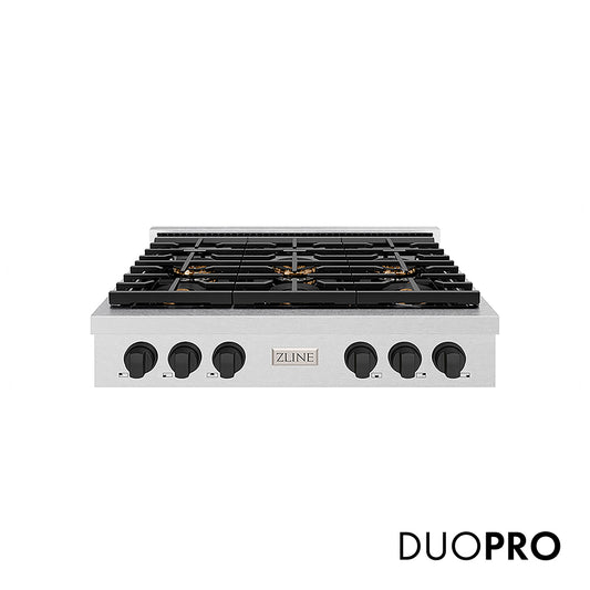 ZLINE Autograph Edition 36 in. Paramount Gas Rangetop with 6 Burner DuoPro™ Cooktop in Satin Stainless Steel and Matte Black Accents (PSRTSZ-36-MB) front, with DuoPro™ logo.