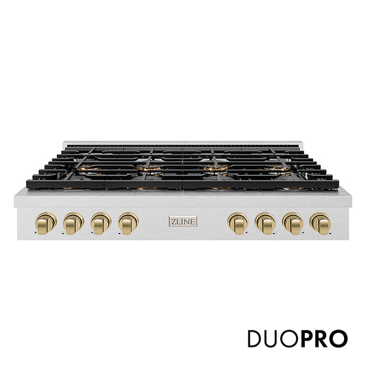 ZLINE Autograph Edition 48 in. Paramount Gas Rangetop with 8 Burner DuoPro™ Cooktop in Satin Stainless Steel and Champagne Bronze Accents (PSRTSZ-48-CB) front, with DuoPro™ logo.