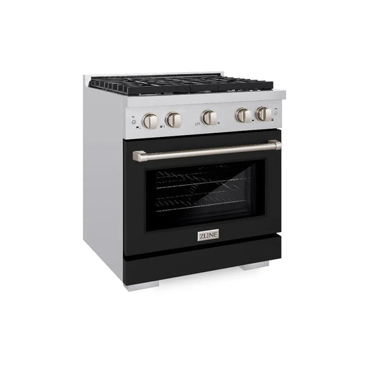 ZLINE 30 in. 4.2 cu. ft. Paramount Dual Fuel Range with 4 Burner Gas Cooktop and Electric Convection Oven in Stainless Steel with Black Matte Door (SDR-BLM-30) main image.