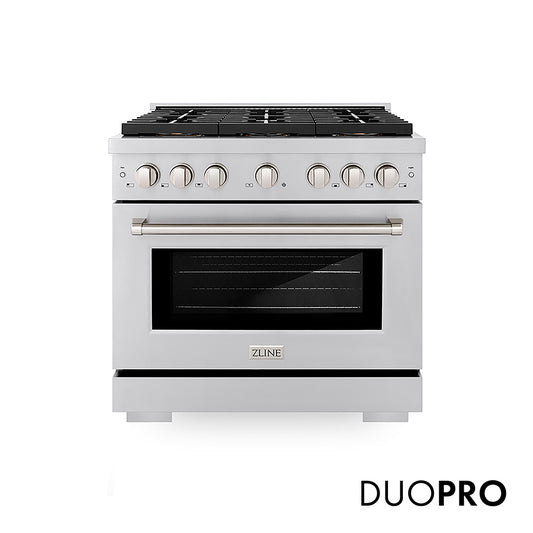 ZLINE 36 in. 5.2 cu. ft. Paramount Dual Fuel Range with 6 Burner DuoPro™ Cooktop and Electric Convection Oven in Stainless Steel (PSDR36) front, with DuoPro™ logo.