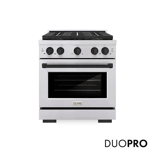 ZLINE Autograph Edition 30 in. 4.2 cu. ft. Paramount Dual Fuel Range with 4 Burner DuoPro™ Cooktop and Electric Convection Oven in Stainless Steel with Matte Black Accents (PSDRZ-30-MB) front, with DuoPro™ logo.