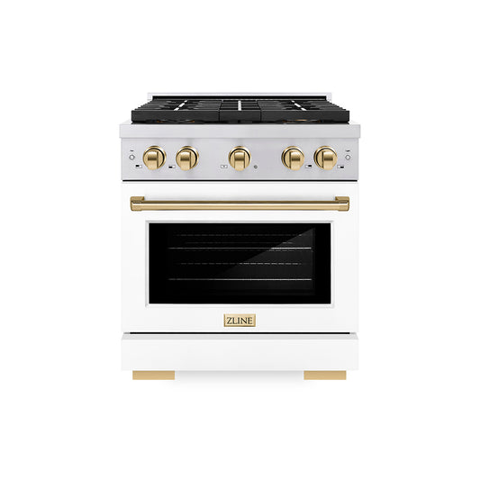 ZLINE Autograph Edition 30 in. 4.2 cu. ft. Paramount Dual Fuel Range with 4 Burner DuoPro™ Cooktop and Electric Convection Oven in Stainless Steel with White Matte Door and Polished Gold Accents (PSDRZ-WM-30-G)