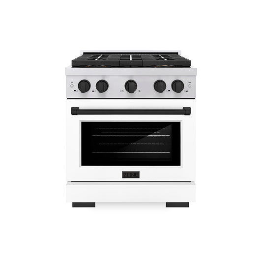 ZLINE Autograph Edition 30 in. 4.2 cu. ft. Paramount Dual Fuel Range with 4 Burner DuoPro™ Cooktop and Electric Convection Oven in Stainless Steel with White Matte Door and Matte Black Accents (PSDRZ-WM-30-MB)