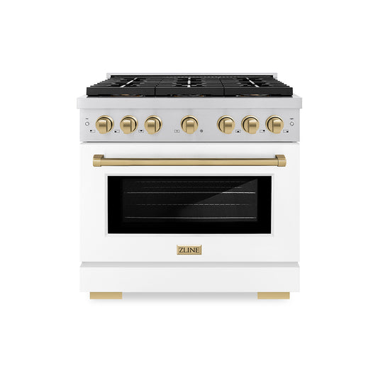 ZLINE Autograph Edition 36 in. 5.2 cu. ft. Paramount Dual Fuel Range with 6 Burner DuoPro™ Cooktop and Electric Convection Oven with White Matte Door and Champagne Bronze Accents (PSDRZ-WM-36-CB)