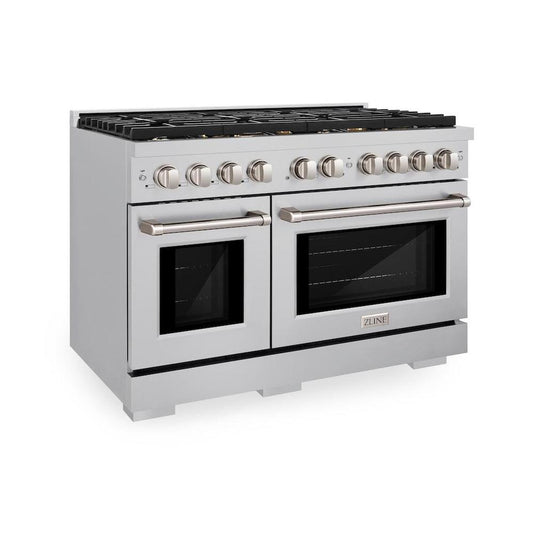 ZLINE 48 in. 6.7 cu. ft. Paramount Double Oven Gas Range in Stainless Steel with 8 Brass Burners (SGR-BR-48) side.