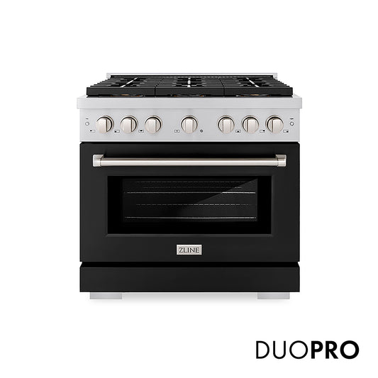 ZLINE 36 in. 5.2 cu. ft. Paramount Gas Range with 6 Burner DuoPro™ Cooktop and Convection Gas Oven with Black Matte Door (PSGR-BLM-36) front, with DuoPro™ logo.