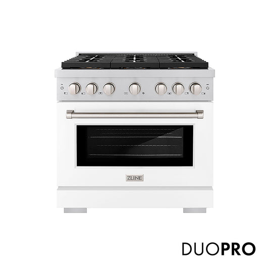 ZLINE 36 in. 5.2 cu. ft. Paramount Gas Range with 6 Burner DuoPro™ Cooktop and Convection Gas Oven with White Matte Door (PSGR-WM-36) front, with DuoPro™ logo.