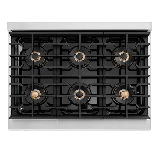 ZLINE 36 in. 5.2 cu. ft. Paramount Gas Range with 6 Burner DuoPro™ Cooktop and Convection Gas Oven with White Matte Door (PSGR-WM-36) top-down, above cooktop.