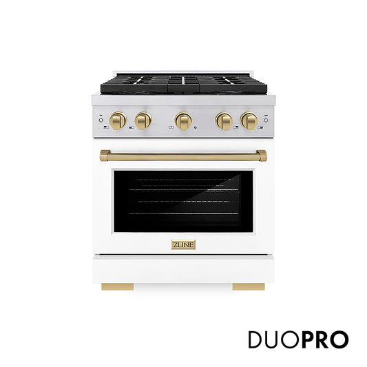 ZLINE Autograph Edition 30 in. 4.2 cu. ft. Paramount Gas Range with 4 Burner DuoPro™ Cooktop and Convection Gas Oven in Stainless Steel with White Matte Door and Champagne Bronze Accents (PSGRZ-WM-30-CB)