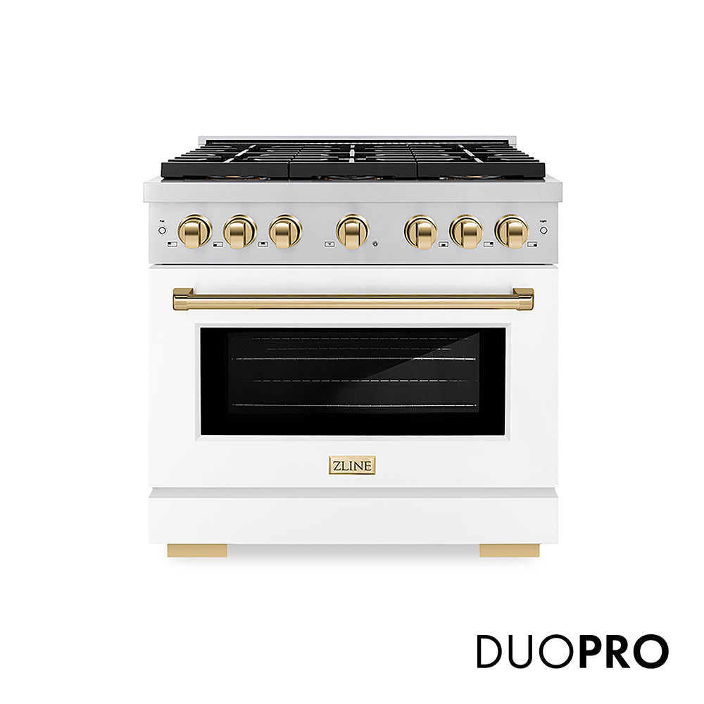 ZLINE Autograph Edition 36 in. 5.2 cu. ft. Classic Gas Range with 6 Burner DuoPro™ Cooktop and Convection Gas Oven in Black Stainless Steel and Champagne Bronze Accents (PCGRBZ-36-CB)