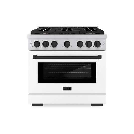 ZLINE Autograph Edition 36 in. 5.2 cu. ft. Paramount Gas Range with 6 Burner DuoPro™ Cooktop and Convection Gas Oven with White Matte Door and Matte Black Accents (PSGRZ-WM-36-MB)