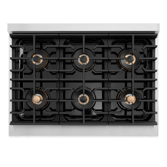 ZLINE Autograph Edition 36 in. 5.2 cu. ft. Paramount Gas Range with 6 Burner DuoPro™ Cooktop and Convection Gas Oven with White Matte Door and Matte Black Accents (PSGRZ-WM-36-MB) top-down, above cooktop.