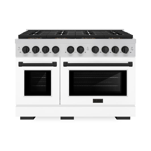 ZLINE Autograph Edition 48 in. 6.7 cu. ft. Paramount Gas Range with 8 Burner DuoPro™ Cooktop and Dual Ovens with White Matte Doors and Matte Black Accents (PSGRZ-WM-48-MB)