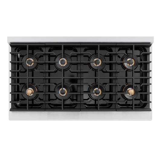 ZLINE Autograph Edition 48 in. 6.7 cu. ft. Paramount Gas Range with 8 Burner DuoPro™ Cooktop and Dual Ovens with White Matte Doors and Matte Black Accents (PSGRZ-WM-48-MB) top-down, above cooktop.