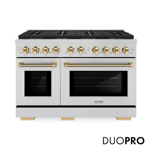 ZLINE Autograph Edition 48 in. 6.7 cu. ft. Paramount Gas Range with 8 Burner DuoPro™ Cooktop and Dual Ovens in Stainless Steel with Polished Gold Helix Handles and Accents (PSGRZ-48-KG)