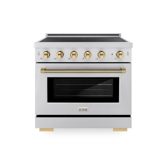 ZLINE Autograph Edition 36 in. 5.2 cu. ft. Paramount Induction Range with 5 Element Cooktop and Electric Convection Oven in Stainless Steel with Polished Gold Helix Handle and Knob Accents (SINRZ-36-KG)