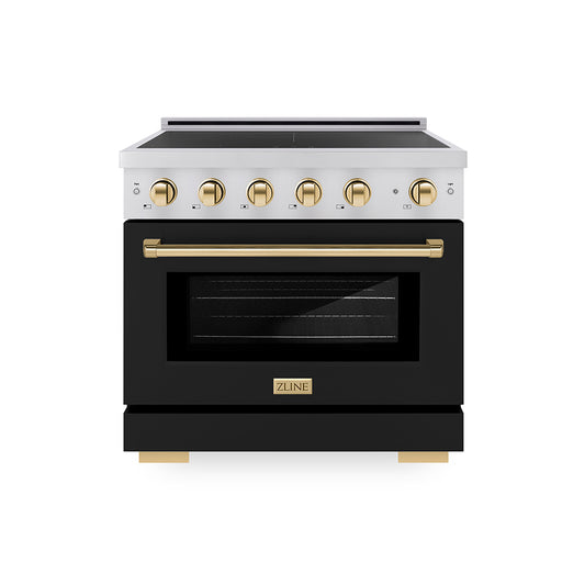 ZLINE Autograph Edition 36 in. 5.2 cu. ft. Paramount Induction Range with 5 Element Cooktop and Electric Convection Oven in Stainless Steel with Black Matte Door and Polished Gold Accents (SINRZ-BLM-36-G)