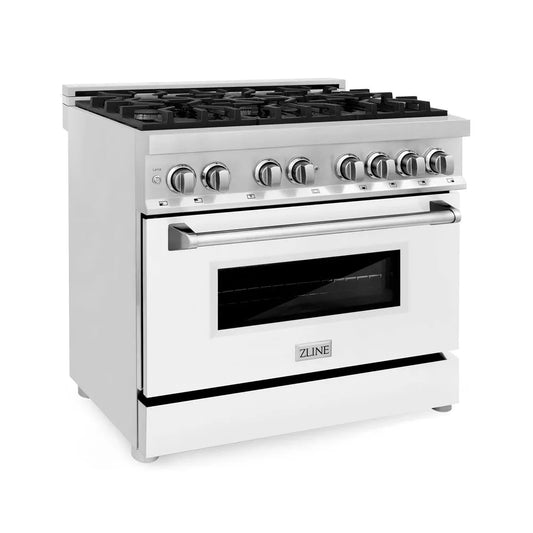 ZLINE 36 in. 4.6 cu. ft. Legacy Dual Fuel Range with 6 Burner Gas Cooktop and Electric Convection Oven in Stainless Steel and White Matte Door (RA-WM-36) main image.