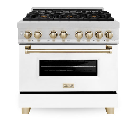 ZLINE Autograph Edition 36 in. 4.6 cu. ft. Legacy Dual Fuel Range with 6 Burner Gas Cooktop and Electric Convection Oven in Satin Stainless Steel with White Matte Door and Polished Gold Accents (RASZ-WM-36-G) front, oven closed.