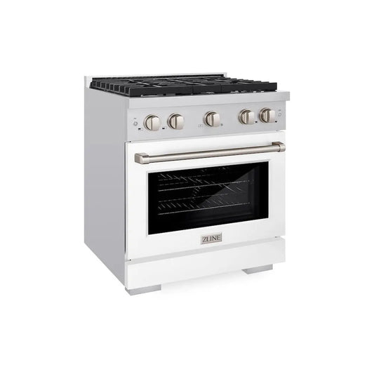 ZLINE 30 in. 4.2 cu. ft. Paramount Gas Range with 4 Burner Cooktop and Convection Gas Oven in Stainless Steel with White Matte Door (SGR-WM-30) main image.
