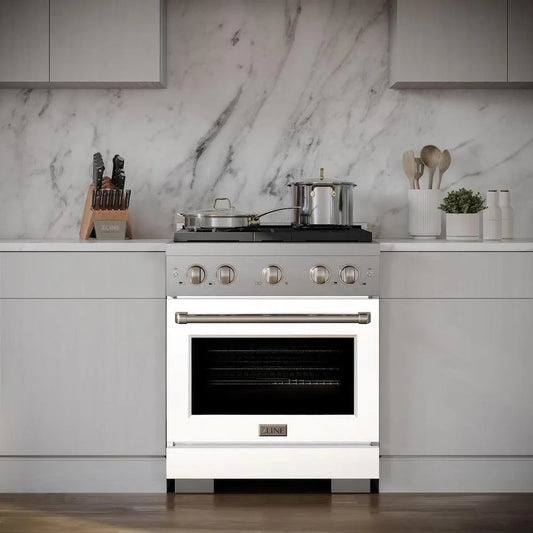 ZLINE 30 in. 4.2 cu. ft. Paramount Gas Range with 4 Burner Cooktop and Convection Gas Oven in Stainless Steel with White Matte Door (SGR-WM-30) front, oven closed, in a luxury kitchen.