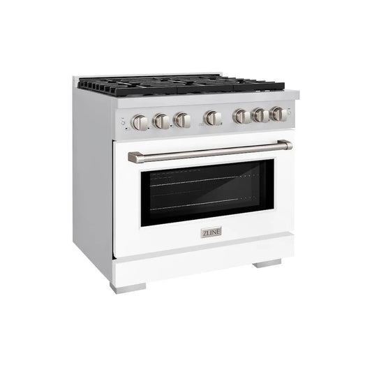 ZLINE 36 in. 5.2 cu. ft. Paramount Gas Range with 6 Burner Cooktop and Convection Gas Oven in Stainless Steel with White Matte Door (SGR-WM-36) main image.