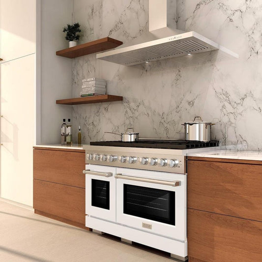 ZLINE 48 in. 6.7 cu. ft. Paramount Double Oven Gas Range with 8 Burner Cooktop in Stainless Steel with White Matte Doors (SGR-WM-48) in a luxury kitchen.