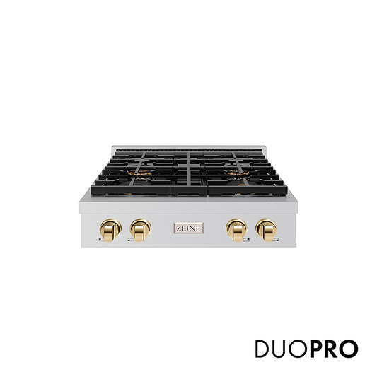 ZLINE Autograph Edition 30 in. Paramount Gas Rangetop with 4 Burner DuoPro™ Cooktop in Stainless Steel and Polished Gold Accents (PSRTZ-30-G)