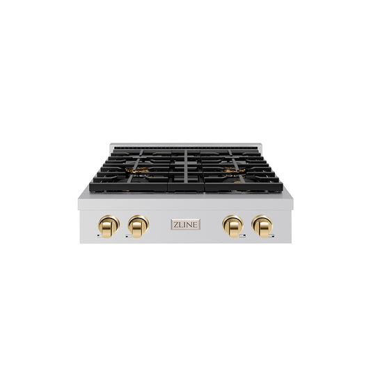 ZLINE Autograph Edition 30 in. Paramount Gas Rangetop with 4 Burner DuoPro™ Cooktop in Stainless Steel and Polished Gold Accents (PSRTZ-30-G)