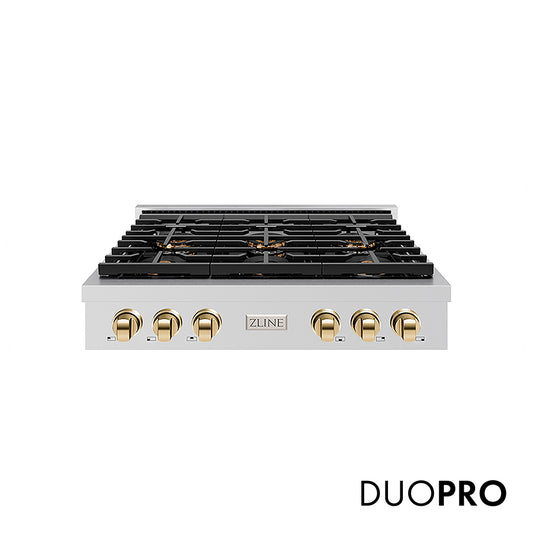ZLINE Autograph Edition 36 in. Paramount Gas Rangetop with 6 Burner DuoPro™ Cooktop in Stainless Steel and Polished Gold Accents (PSRTZ-36-G) front, with DuoPro™ logo.