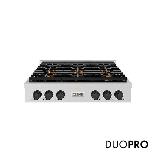 ZLINE Autograph Edition 36 in. Paramount Gas Rangetop with 6 Burner DuoPro™ Cooktop in Stainless Steel and Matte Black Accents (PSRTZ-36-MB) front, with DuoPro™ logo.