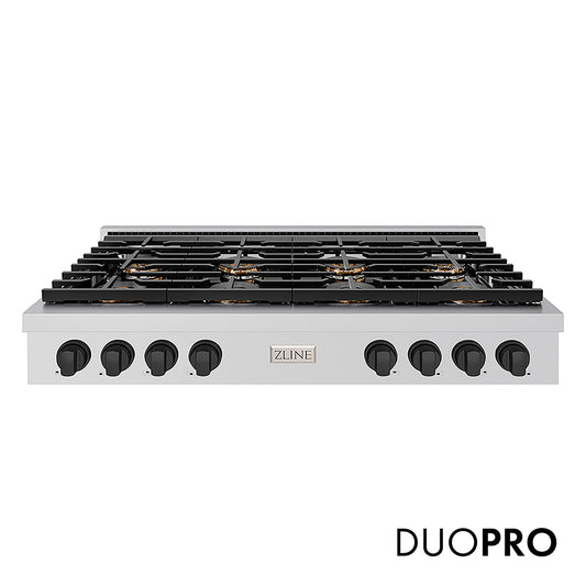 ZLINE Autograph Edition 48 in. Paramount Gas Rangetop with 8 Burner DuoPro™ Cooktop in Stainless Steel and Matte Black Accents (PSRTZ-48-MB) front, with DuoPro™ logo.