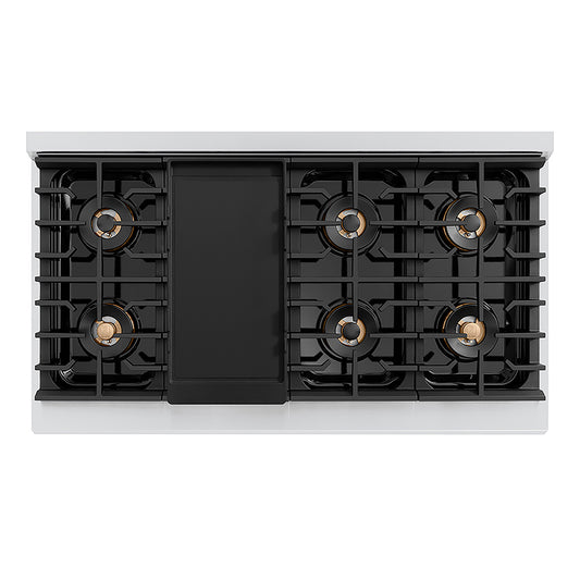 ZLINE Autograph Edition 48 in. Paramount Gas Rangetop with 8 Burner DuoPro™ Cooktop in Stainless Steel and Matte Black Accents (PSRTZ-48-MB) top-down, above cooktop with griddle.