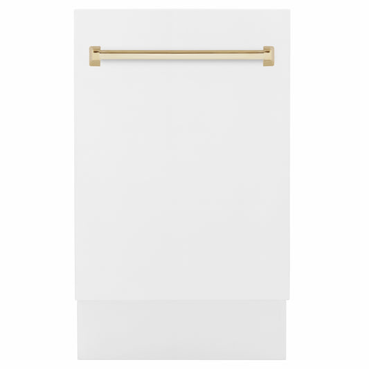 ZLINE Autograph Edition 18 in. Tallac Series 3rd Rack Dishwasher with Auto Door Open Drying, 51dBa, White Matte Panel with Polished Gold Handle (DWVZ-WM-18-G)