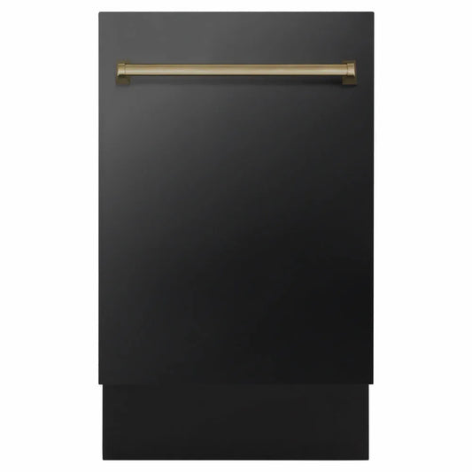 ZLINE Autograph Edition 18 in. Tallac Series 3rd Rack Dishwasher with Auto Door Open Drying, 51dBa, Black Stainless Steel Panel with Champagne Bronze Handle (DWVZ-BS-18-CB) main image.