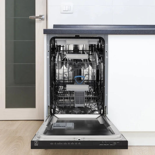 ZLINE Autograph Edition 18 in. Tallac Series 3rd Rack Dishwasher with Auto Door Open Drying, 51dBa, Black Stainless Steel Panel with Champagne Bronze Handle (DWVZ-BS-18-CB) open, in a kitchen setting with white cabinets.