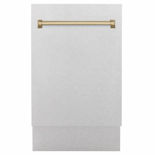 ZLINE Autograph Edition 18 in. Tallac Series 3rd Rack Dishwasher with Auto Door Open Drying, 51dBa, Satin Stainless Steel Panel with Champagne Bronze Handle (DWVZ-SN-18-CB) main image.