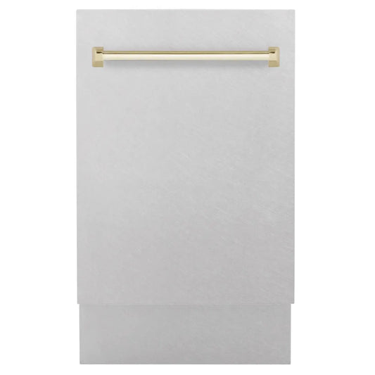 ZLINE Autograph Edition 18 in. Tallac Series 3rd Rack Dishwasher with Auto Door Open Drying, 51dBa, Satin Stainless Steel Panel with Polished Gold Handle (DWVZ-SN-18-G) main image.