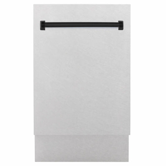 ZLINE Autograph Edition 18 in. Tallac Series 3rd Rack Dishwasher with Auto Door Open Drying, 51dBa, Satin Stainless Steel Panel with Matte Black Handle (DWVZ-SN-18-MB) main image.