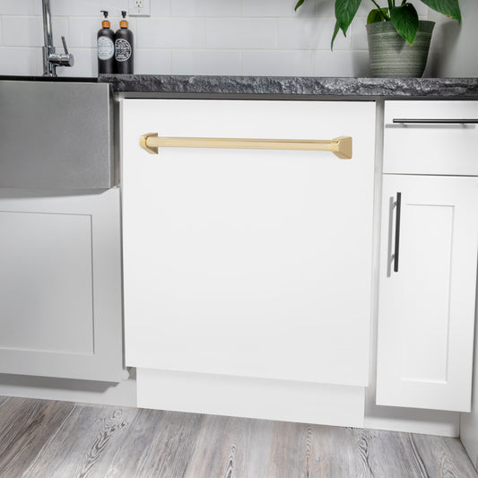 ZLINE Autograph Edition 24 in. Tallac Series 3rd Rack Dishwasher with Auto Door Open Drying, 51dBa, White Matte Panel with Polished Gold Handle (DWVZ-WM-24-G)