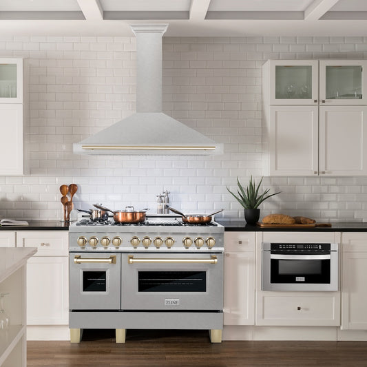 ZLINE Autograph Edition 48 in. Convertible Satin Stainless Steel Wall Mount Range Hood with Polished Gold Handle (KB4SNZ-48-G) in a luxury kitchen.